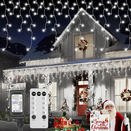 Vista 10 de luces LED de Navidad al aire libre, luces de escalera de 4.6 pies, luz colgante para árbol de Navidad enchufable, impermeable con 8 modos de luz