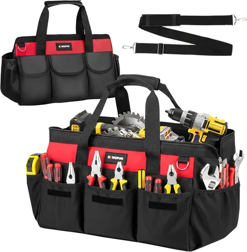 Vista 9 de Kingfun Bolsa de herramientas resistente de 16 pulgadas con 14 bolsillos, organizador de bolsa de herramientas de boca ancha con correa de hombro