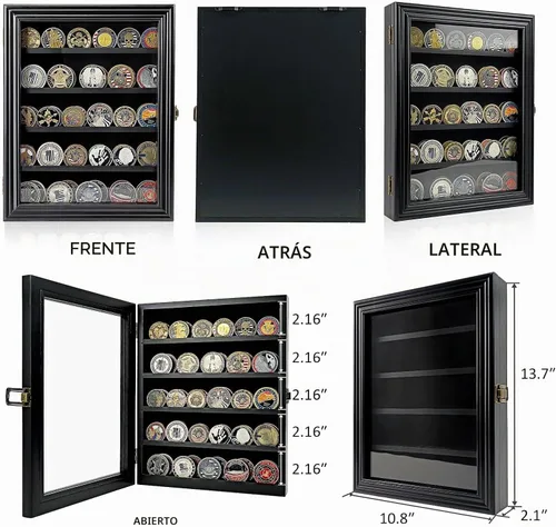 Vista 5 de ASmileIndeep - Expositor de monedas de desafío militar con estuche de vidrio templado HD y montaje en pared, soporte de monedas de madera con Negro
