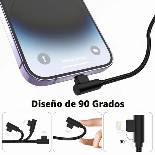 Vista 2 de Cargador para iPhone de 1 pie con certificado MFi corto de 90 grados