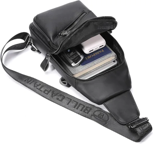 Vista 5 de BULLCAPTAIN Bolso bandolera de cuero para hombres con puerto de carga USB, bolsa de hombro, mochila cruzada para senderismo, mochila de viaje