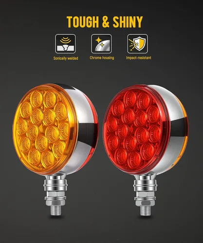 Vista 4 de Partsam 2 luces LED redondas de doble cara de 3 pulgadas, color rojo/ámbar, 30 luces LED para guardabarros, señal de giro cromada, Miro-reflex