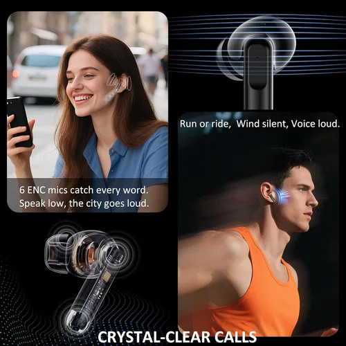 Vista 2 de Auriculares inalámbricos Bluetooth 5.4, 6 micrófonos ENC cancelación de ruido llamada clara, auriculares intrauditivos sonido estéreo de alta Negro