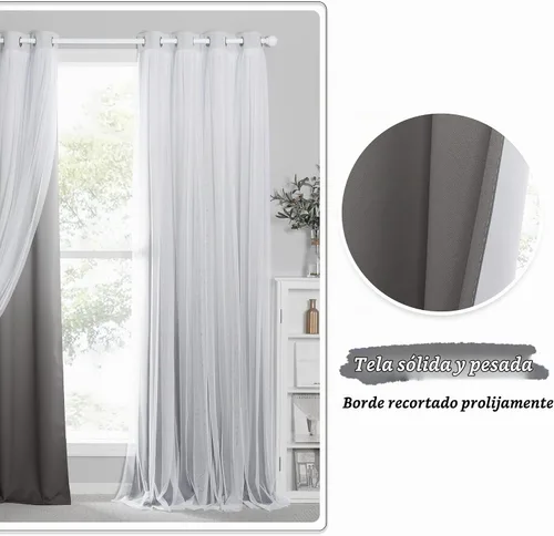 Vista 6 de PONY DANCE Cortinas para Sala de Estar - Cortinas Opacas Gris Degradado con Superposición de Gasa Blanca Térmicamente Aisladas Mezcla y Combina
