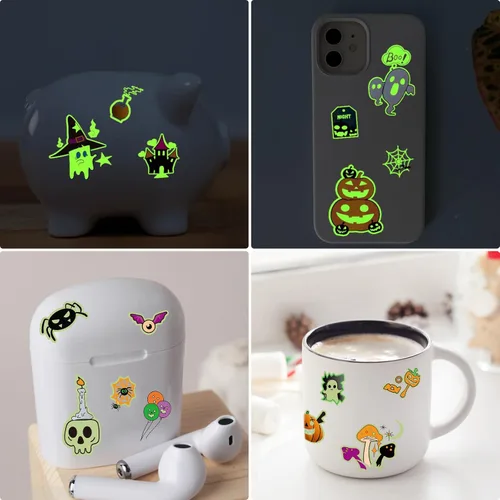 Vista 5 de 124 tatuajes temporales de Halloween que brillan en la oscuridad para niños, calcomanías de tatuaje falsas luminosas impermeables para fiesta