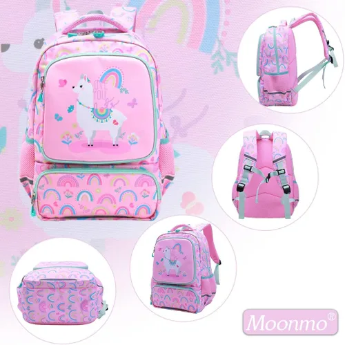 Vista 2 de Moonmo Mochila para niños para estudiantes de primaria, bolsa impermeable para preescolar, rosado, Mochila escolar