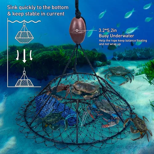 Vista 5 de QualyQualy Crab Ring Trap Hoop Net 1/2-Pack, Heavy Duty Saltwater Crab Nets for Crabbing Lobster, Dungeness and Blue Crabs, Folded Crab Cage Pots