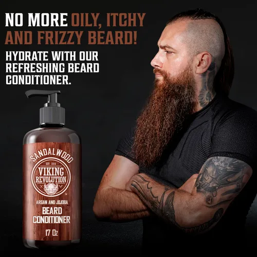 Vista 2 de Viking Revolution Acondicionador de barba con aceites de argán y jojoba – suaviza y fortalece – Aroma de sándalo – Acondicionador de barba