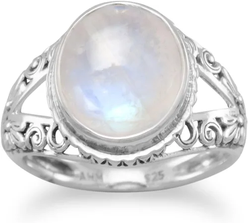 Vista 2 de Anillo de piedra lunar arco iris con diseño de pergamino dividido banda de plata de ley antigua