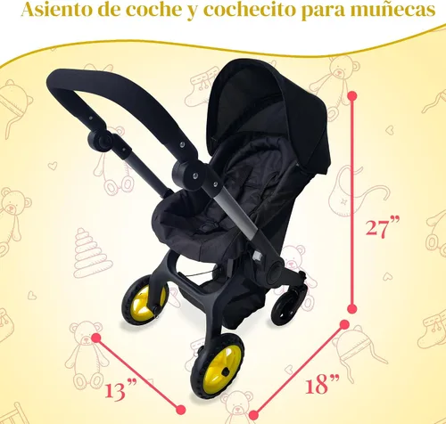 Vista 5 de Combo de Cochecito y Asiento de Coche para Muñeca Bebé – Cochecito de Muñeca Convertible 2 en 1 y Asiento de Coche para Niños – Se Adapta a Muñecas