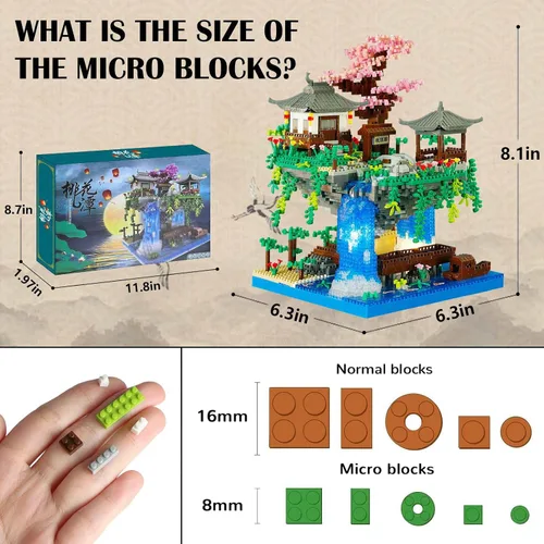Vista 2 de Vziimo Juego de micro bloques de construcción de árbol bonsái de cerezo, arquitectura china, kits de estanque de flor de melocotón, árbol de sakura