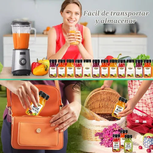 Vista 6 de 100 mini botellas de plástico para jugo de 4 onzas con tapas, botellas transparentes reutilizables con etiquetas, embudo y cepillo, adecuadas