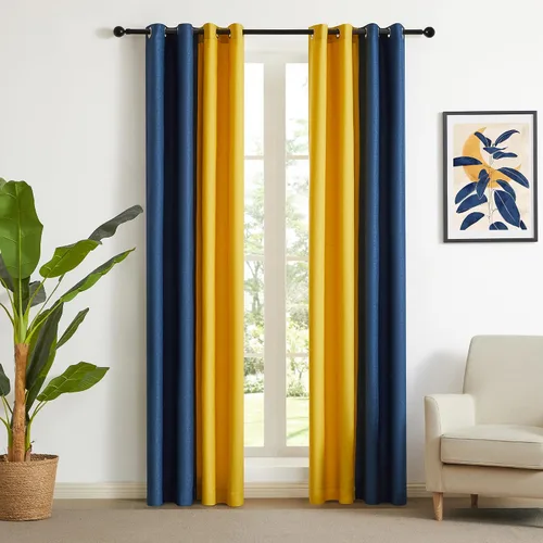 Vista 6 de PRIMROSE Cortinas de lino azul marino amarillo de 63 pulgadas de largo para sala de estar, juego de 2 paneles opacos con aislamiento térmico