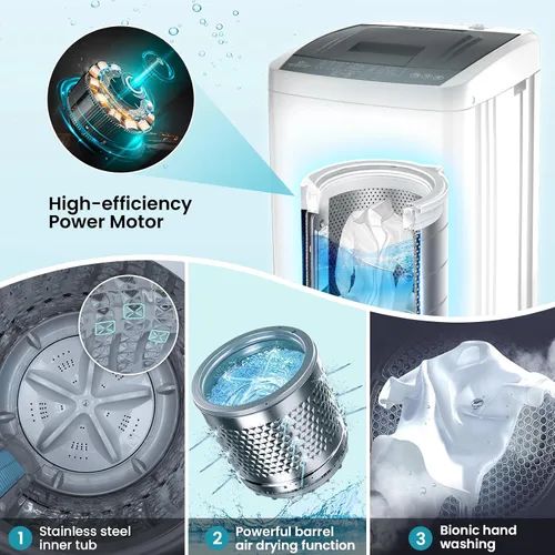 Vista 3 de Nictemaw Lavadora portátil de 20 libras, 2.8 pies cúbicos con 10 programas de lavado, pantalla LED y bomba de drenaje, lavadora de ropa compacta