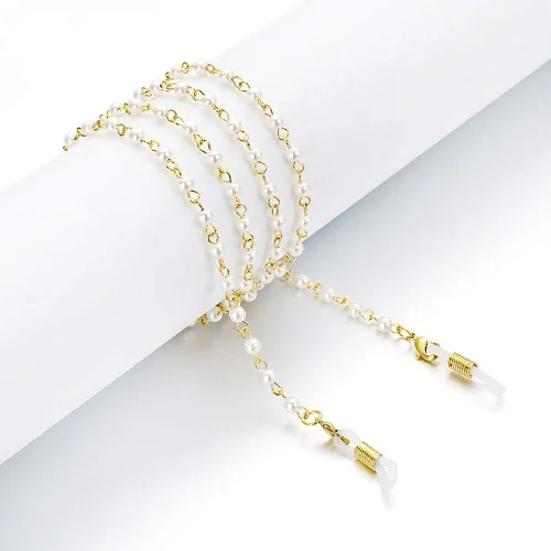 Vista 4 de Cadenas de lentes de perlas para mujer, chapadas en oro de 18 quilates, lentes de sol elegantes, soporte de correa para mujer