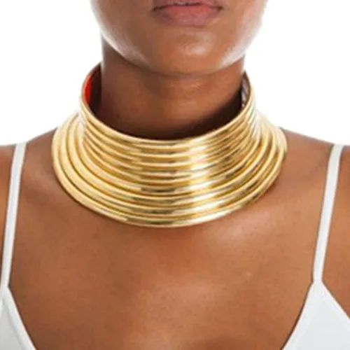 Vista 7 de Gargantilla africana de cuero dorado, collar de cuello largo tribal nacional, collar grueso, joyería para mujeres y niñas, juego de joyas para niñas