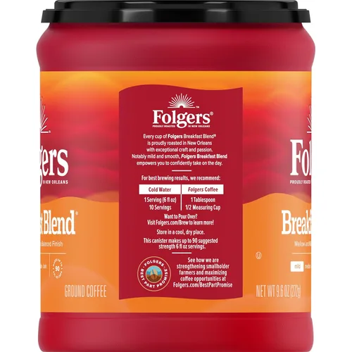 Vista 3 de Folgers Breakfast Blend Café molido, café suave y suave, recipiente de 9.6 onzas