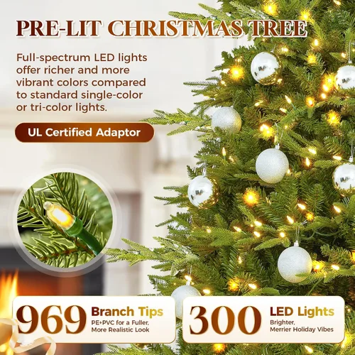 Vista 4 de HOLLO STAR Árbol de Navidad de lápiz preiluminado de 6 pies con 300 luces LED, control por aplicación, árbol de Navidad artificial Aspen, luces RGBW
