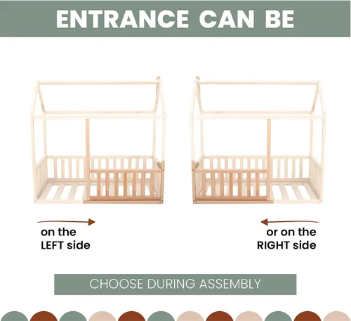 Vista 4 de Cama para niños pequeños con rieles, Cama en forma de casa, Cama Montessori con rieles, Cama para niños, Cama de casa, Cama de piso para niños, Cama