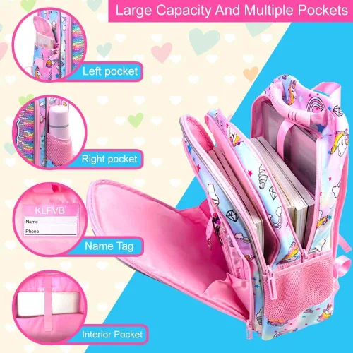 Vista 5 de 3 piezas de mochilas infantiles para niñas, 41 cm, mochila escolar preescolar y lonchera con diseño de unicornio/sirena/flamenco Mochila