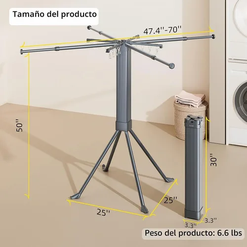 Vista 5 de BIREN Tendedero de Ropa Plegable Extensible Tendedero de Lavandería con 16 Clips Tendedero de Ropa Plegable que Ahorra Espacio para Colgar Ropa