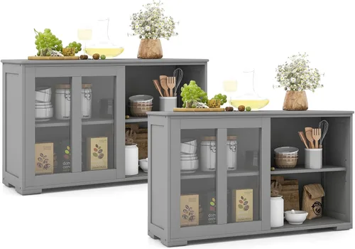 Vista 3 de Aparador de buffet compacto de 42 pulgadas con puertas correderas de vidrio y estante ajustable para comedor, sala de estar
