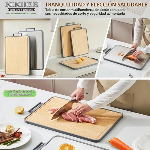 Vista 6 de Tabla de cortar de titanio, tabla de cortar de bambú de doble cara para cocina de grado alimenticio de doble cara, tablas de cortar de titanio puro