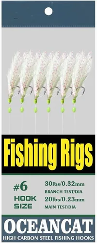 Vista 6 de 10/20/50/100 paquetes de 3 plumas y piel de pescado, 6 ganchos de aparejos de pesca de agua salada con gancho de cuerda, señuelo de señuelo para cebo