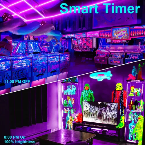 Vista 5 de Tira de luz LED negra de 100 pies con control remoto, adhesivo de luz negra de neón morado inteligente para fiesta brillante, luz UV para decoración