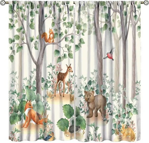 Vista 10 de Cortinas de animales del bosque, tratamientos de ventana para dormitorio del hogar, decoración de ventana de caricaturas, oso de acuarela, ardilla