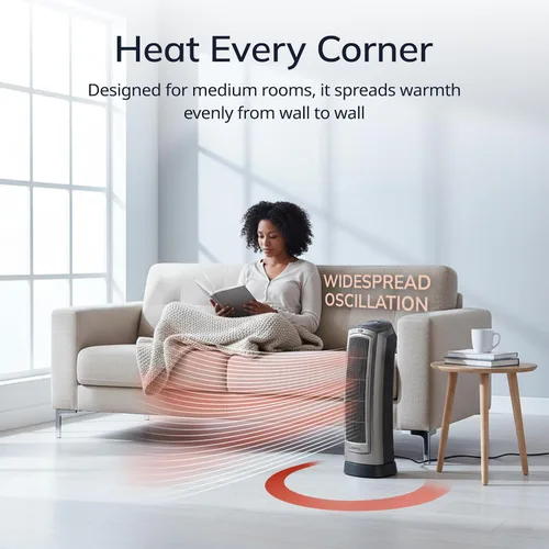 Vista 10 de Lasko Calentador de torre de cerámica digital oscilante para el hogar con termostato ajustable, temporizador y control remoto, 23 pulgadas, 1500 W