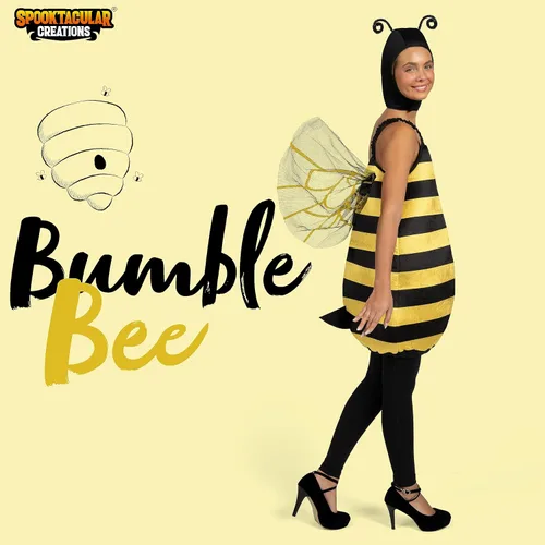 Vista 2 de Spooktacular Creations Disfraz de abejorro para mujer, disfraz de abeja negra y amarilla de una pieza con capucha