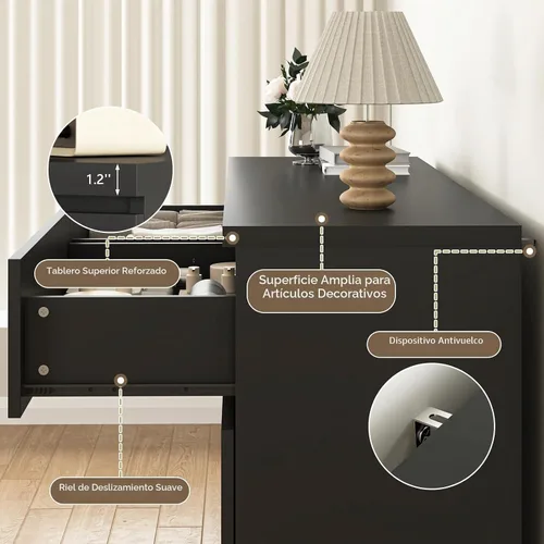Vista 6 de Cómoda negra de 6 cajones para dormitorio, cómoda de cajones profundos moderna con diseño sin tirador, cómoda de almacenamiento con cajones, mueble