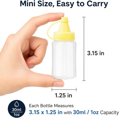 Vista 8 de 8 mini botellas exprimibles de condimentos de 1 onza botella de salsa de salsa de plástico botella de salsa de miel mostaza ensalada salsa Bento Box