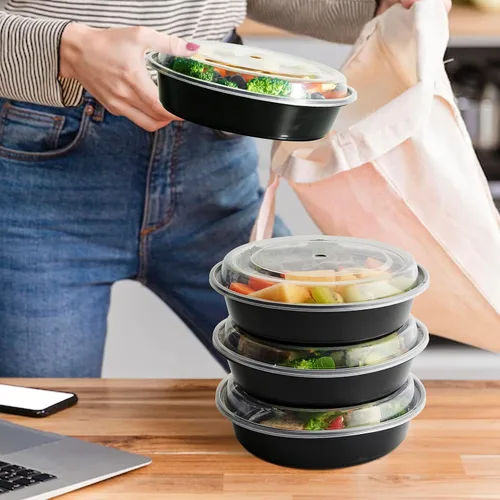 Vista 7 de MUCHII Paquete de 50 recipientes de preparación de comidas, cuencos redondos de plástico desechables de 24 onzas con tapas, aptos para microondas