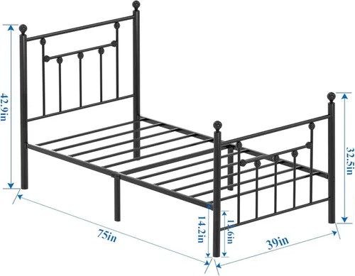 Vista 2 de VECELO Base de cama de plataforma de metal tamaño individual con cabecero y estribo, soporte de listones de acero resistente, base de colchón