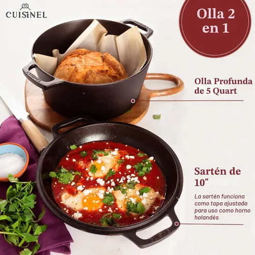 Vista 2 de Cuisinel Horno Holandés de Hierro Fundido - Olla Profunda de 5-Cuartos - Multicocina 2-en-1 Presazonada - Tapa Combinada que Funciona como Sartén