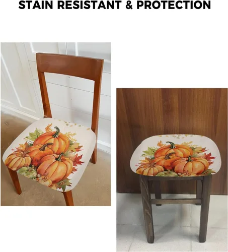 Vista 6 de LiDU Juego de 4 fundas de asiento de otoño de calabazas naranjas para sillas de comedor, fundas protectoras para sillas de Acción de Gracias, fundas