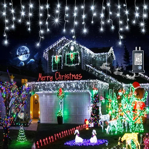 Vista 13 de Luces de Navidad de carámbano para exteriores, 66 pies, 640 luces LED de Navidad azules y blancas, 8 modos con 120 gotas, luz de carámbano