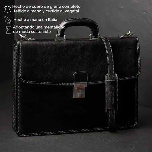 Vista 4 de Time Resistance Leather Briefcase - Italian Handmade Leather Laptop Bag - Handbag for Men - Professional Computer Case Negro