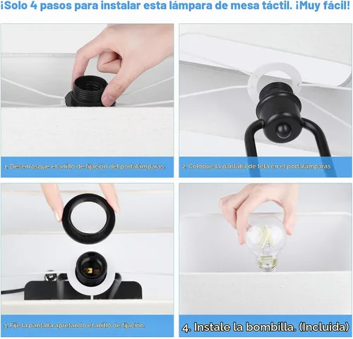 Vista 7 de Lámpara de mesa con control táctil y puertos de carga USB duales, 1 salida de CA, lámpara de mesita de noche moderna regulable de 3 vías con Crema