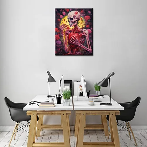 Vista 2 de Tucocoo Pintura de calavera de corazón por números para adultos, diseño de flores trippy, pintura por número para adultos principiantes, pintura