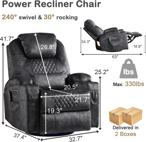 Vista 2 de Sillón reclinable giratorio de doble motor 240° (gris terciopelo, 2)