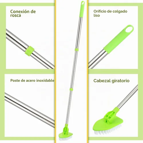 Vista 4 de Cepillo de limpieza con mango largo, 2 en 1, extensible, para baño, con 2 cerdas rígidas y 4 esponjas con mango largo, limpiador ligero desmontable
