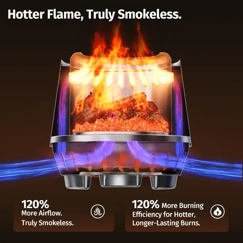 Vista 2 de East Oak Fuoco - Fogón de Mesa Sin Humo Bandeja de Cenizas 3 en 1 Fogón Portátil para Madera y Pellets Acero Inoxidable Quema 120% Más