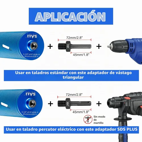 Vista 4 de SALI Brocas de núcleo de diamante, 1 pulgada de diámetro, 10 pulgadas/10.000 in, profundidad de perforación de 5/8-11 pulgadas, segmentos turbo