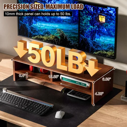 Vista 3 de Soporte elevador para monitor con almacenamiento, organizador de escritorio de 2 niveles y estante de madera de escritorio, soporte ergonómico