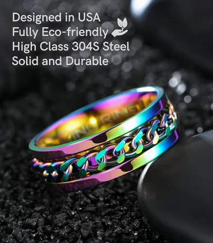 Vista 3 de King Ring Anillo giratorio de 0.315 pulgadas, anillo plano pulido fino para hombres y mujeres con cadena cubana, diseñado en Estados Unidos