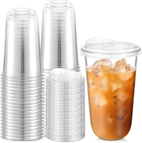 Vista 10 de Ziliny 50 juegos de vasos de plástico transparente con tapas para sorber sin pajita, vasos de cristal de plástico PET desechables transparentes