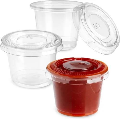 Vista 9 de Juvale Vasos desechables con tapas, plástico de 1 onza, transparente, paquete de 500 unidades, tazas de condimentos, recipientes de salsa